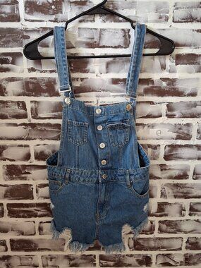 Forever 21 XS Denim Overalls Cutoff Shorts Button Front Adjustable Straps